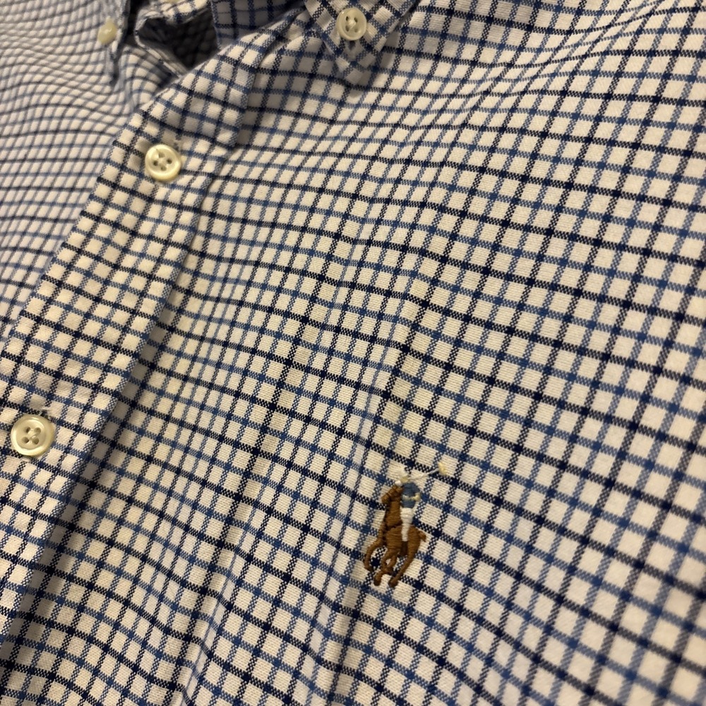 Ralph Lauren Blue White Check Long Sleeve Cotton Casual Flesh Pony Classic Fit L